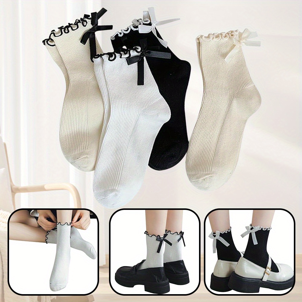 

4 Pairs Women’s Cotton Mid-calf Lace Socks With Bow Accents – Soft, Breathable, And In Black, White, – Casual Wear And Gift , Cute Socks
