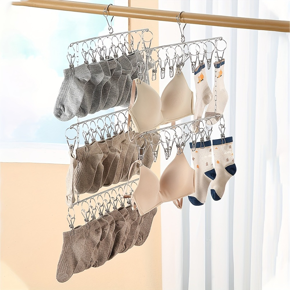 

1pc Space-saving Stainless Steel Hat And Sock Organizer With 30 Clips - Closet Rack For Drying And Storage, Ideal For Bedroom, Dorm, And