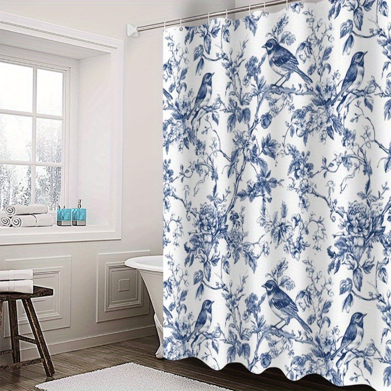 TEMU A Vintage Style Blue And White Porcelain Shower Curtain Featuring Birds, Measuring 72x72, Artistic Bathroom Decor, Includes 12 Hooks.