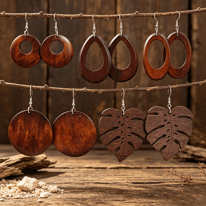 5 Pairs Autumn/Winter Wooden Leaf Earrings Set