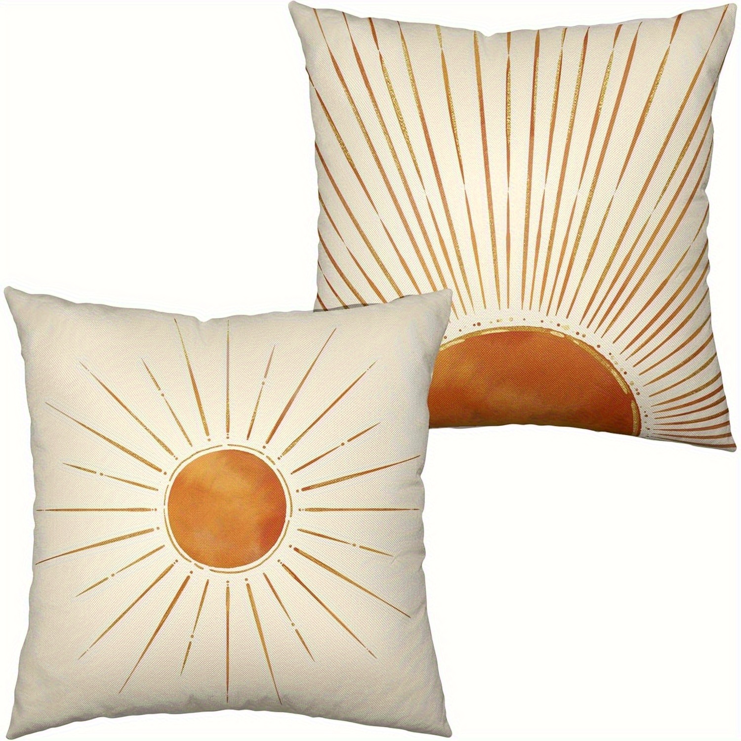 2pcs Bohemian Style Decorative Pillow Covers, 18x18 Set Of 2, Sun Pattern, Orange& White, Zipper Closure, Machine Washable Polyester, Ideal For Outdoor Sofa& Living