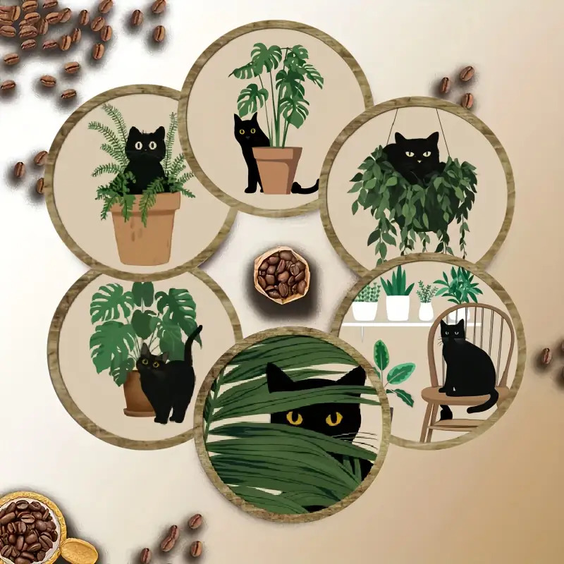 TEMU Posavasos de madera con diseño de aura de plantas verdes y gato negro, antideslizantes, resistentes al y fáciles de limpiar, verde para