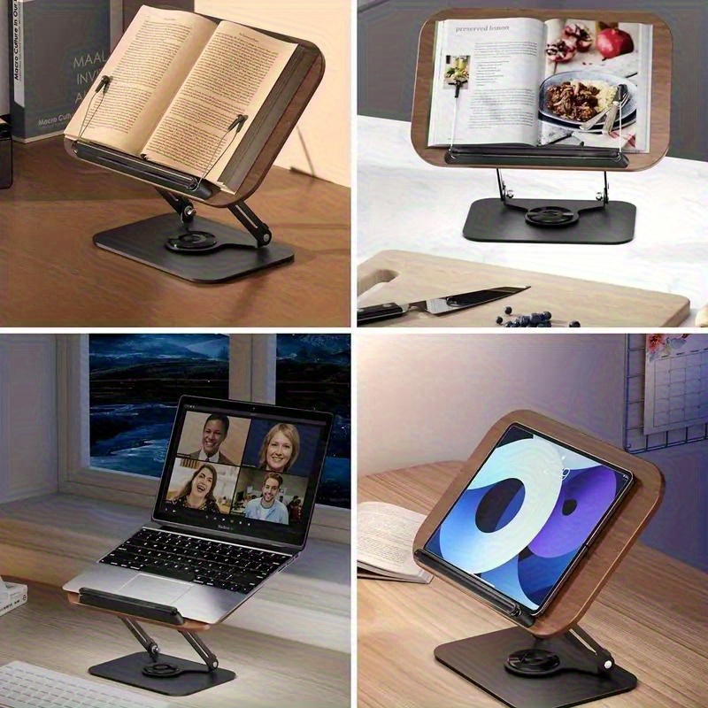 Adjustable Wooden Bookshelf With 360 ° Rotating Base - Foldable, Portable, Lightweight Reading Stand, Suitable For Offices, Kitchens, Schools, Etc Kindle, Tablet Computer - Adjustable Height And Angle, Desk Storage Box [ Foldable Design] Metal Suppo