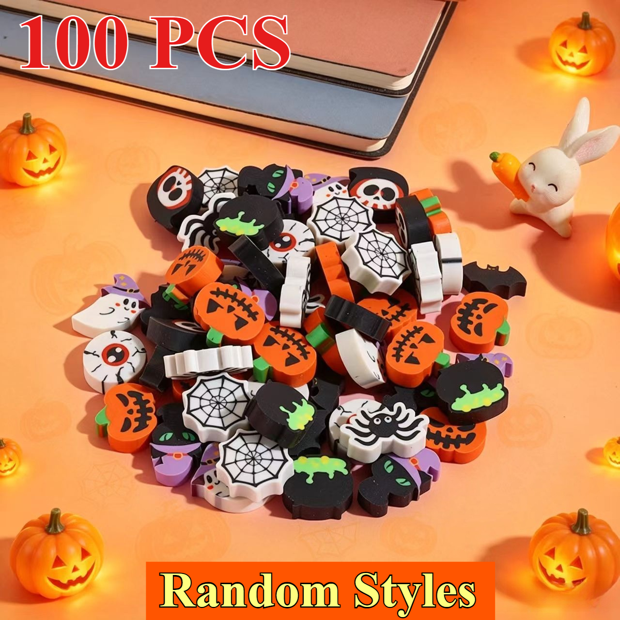 TEMU 100pcs Halloween Mini Erasers, Random Styles Halloween-themed Novelty Erasers, Classroom Rewards & School Supplies For Back-to-school, Birthday