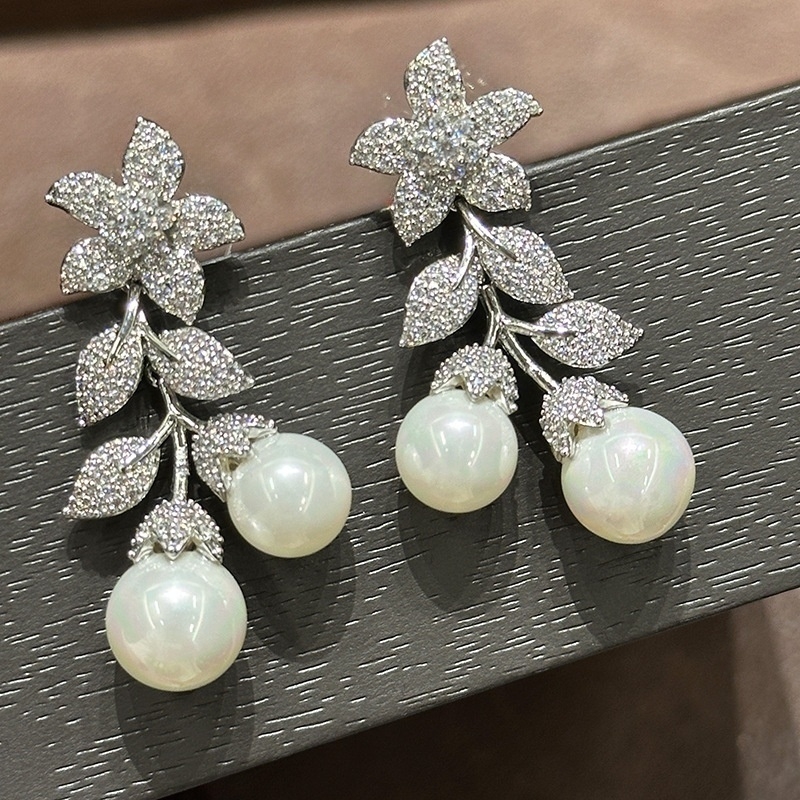 E-shop Luxuriöse Mikro-gepflasterte Zirkonia-Blumenohrringe, elegante Muschelperlen-Ohrringe für Damen, für den täglichen Gebrauch, , Hochzeit, Schmuck