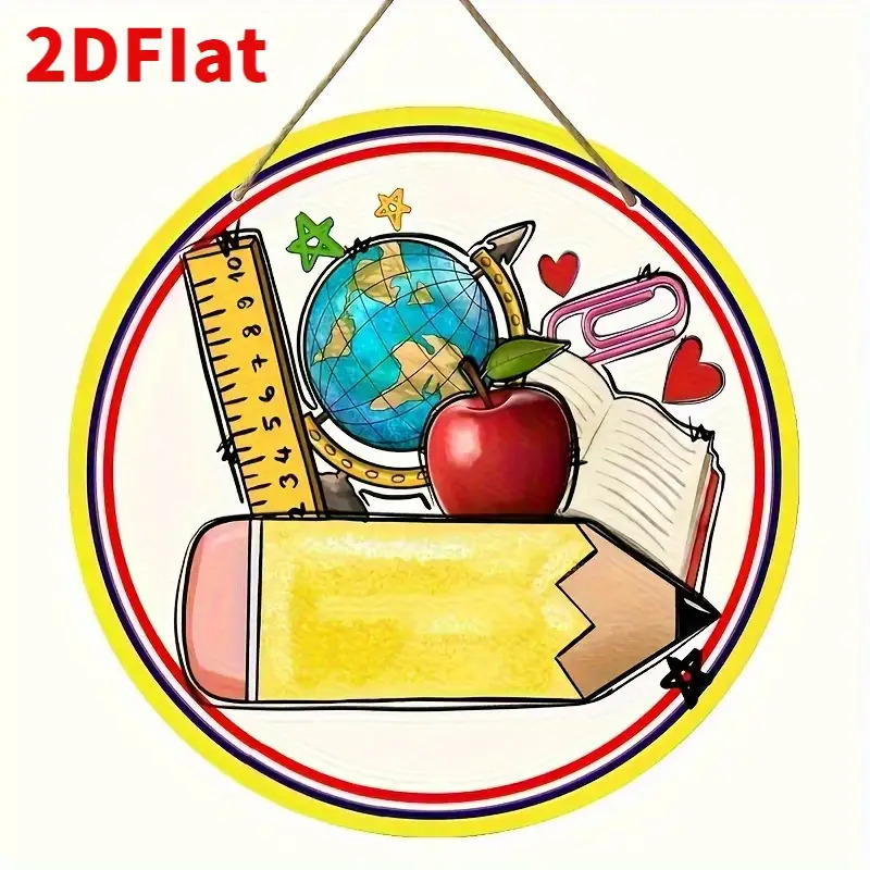 TEMU 2d Flat, 1 Piece 2d Flat Educational Theme Wooden Hanging Sign, 1 Piece Round Wall Decoration, Designed With School Supplies, Suitable For