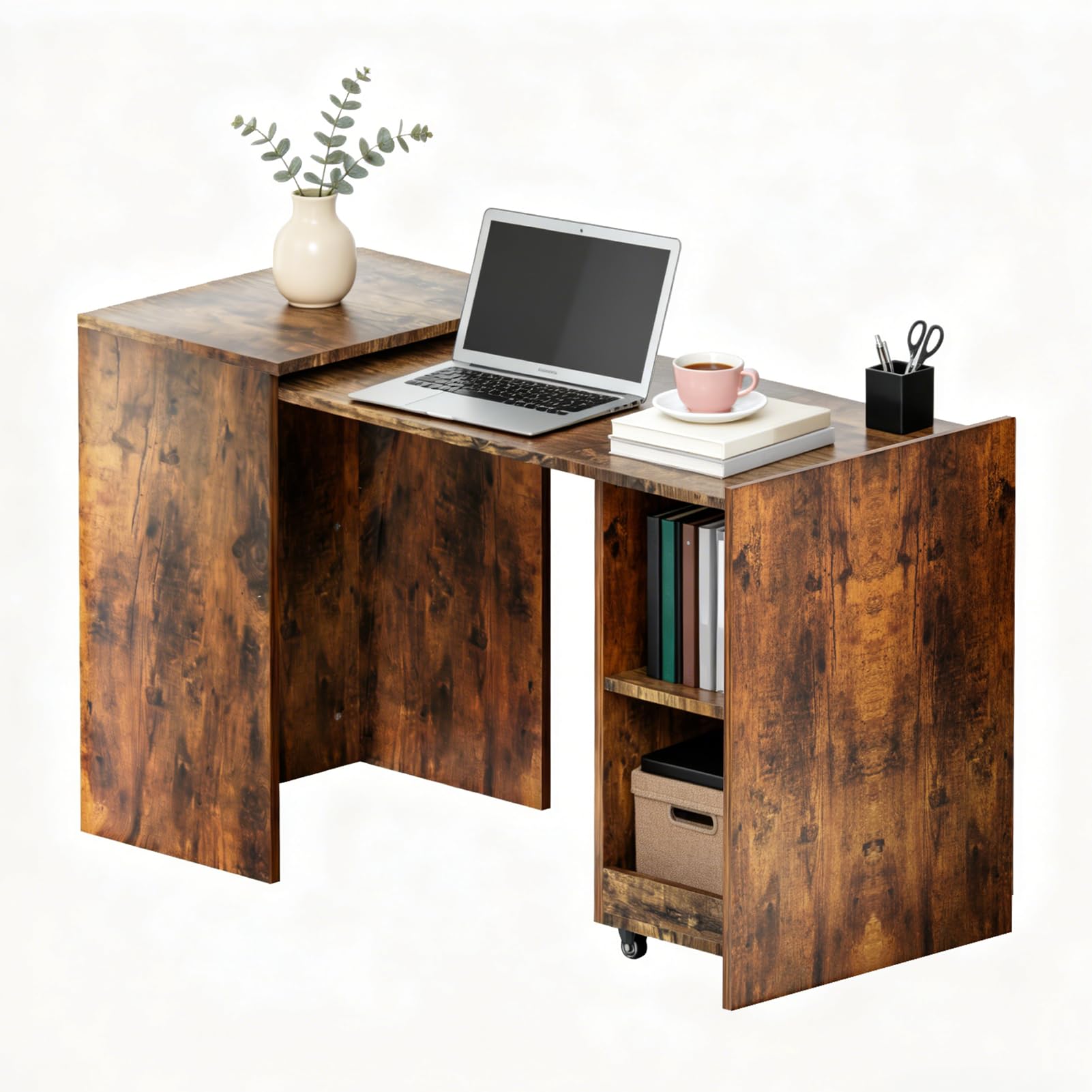 Retractable Desk With Storage, Computer Desk On Casters, Office Desk With 2 Shelves, Folding Desk Ideal For Small Spaces, Measures 40 X 55 X 73cm When Folded, Easy To Assemble, Sturdy And Durable