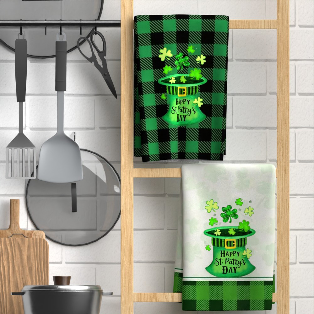 2pcs     s day tea towels - 45.72x66.04cm  ,   absorbent polyester dish towels with leprechaun hat & shamrock design, ideal for home & gift, festive kitchen decor, kitchen towels details 3