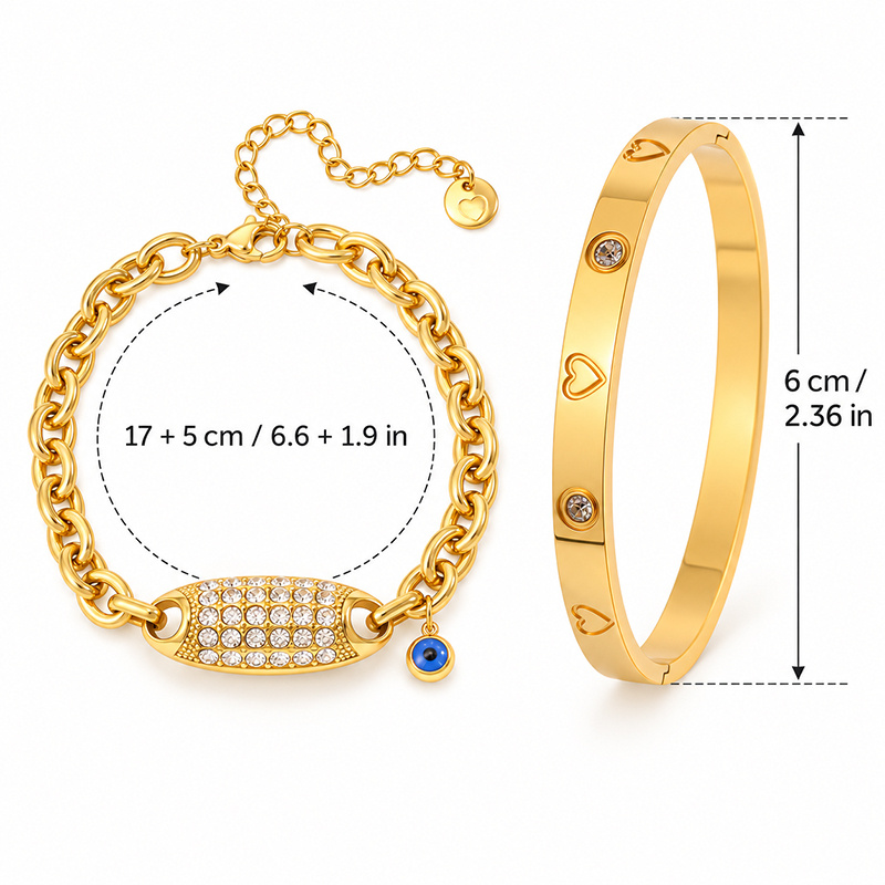 Heart Embossed Gloss Open Bangle & Evil Eye Charm Bracelet Set