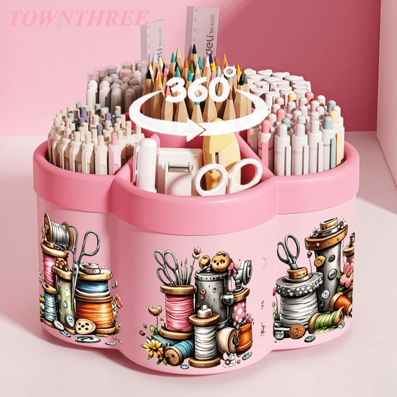 TEMU Rotatable Pen Holder And Cosmetic Organizer | Retro Sewing Supplies Sticker - 360Â° Rotating Convenient Desktop Storage Box | Large Capacity