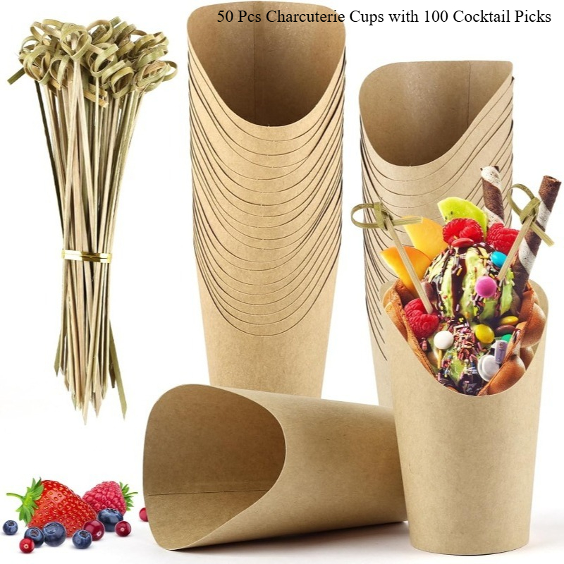 TEMU 150pcs (50pcs Charcuterie Cups With 100pcs Cocktail Picks), Disposable 12oz Paper Snack Cup, Appetizer Cups For Parties
