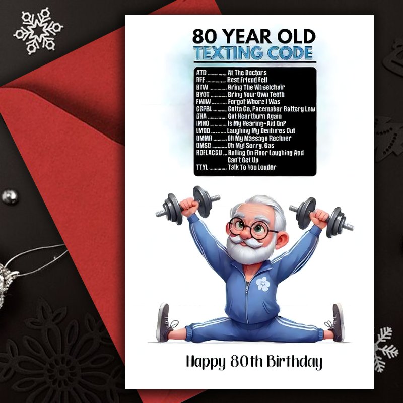 TEMU 1pc Funny 80th Birthday Card Suitable For Congratulating Birthdays With Humorous 80 Year Old Texting Code & Elderly Fitness Cartoon Design -