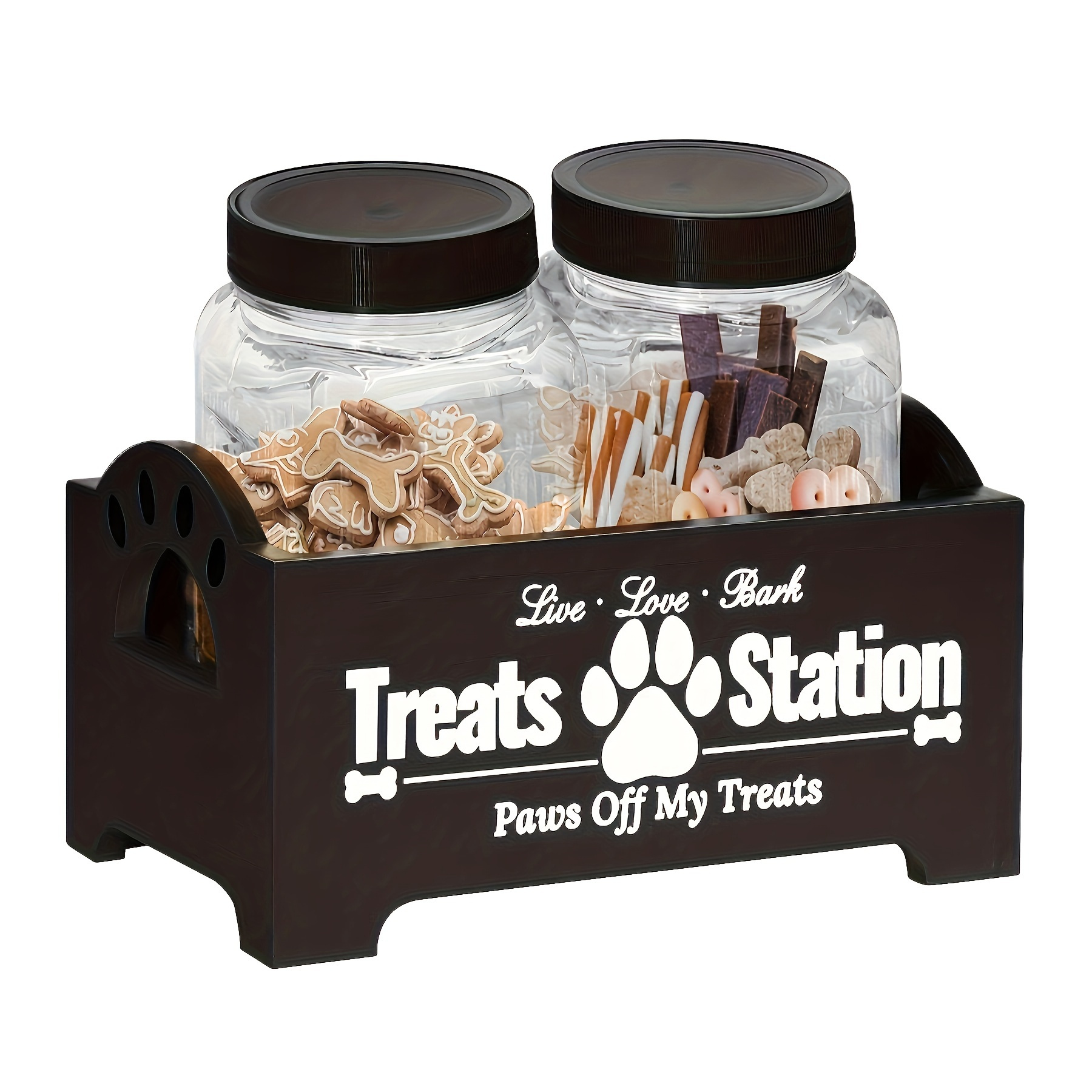 TEMU Dog Food Container For Dog Food Storage, Farmhouse Cat Food Container Pet Food Storage Box, Wooden Dog Snack Rack With 2 Plastic Cat And Dog