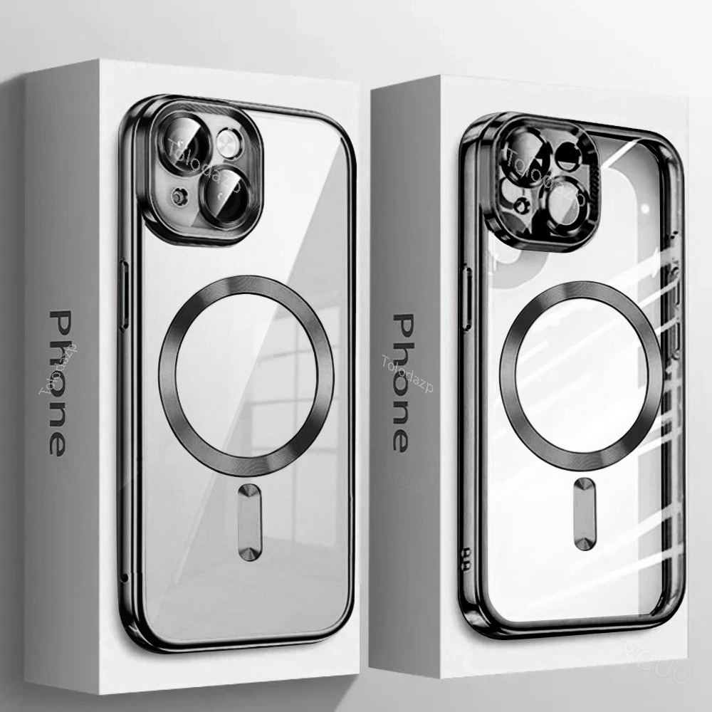 E-shop Handyhülle: Luxus-Plattierung Transparente Magnetische Kabellose Ladehülle für iPhone Modelle 11 12 13 17 Pro Air, Mit Klarem Design, Stoßfest