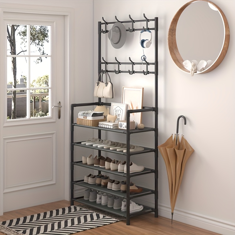 Heavy-Duty 5-in-1 Valet & Suit Stand with 8-Hook Coat Rack, Shoe & Umbrella Holder - Stainless Entryway Storage Organizer Suitable for Hallway, Mudroom, Foyer - Space-Saving Freestanding Furniture, Easy Assembly for /Office/Hotel