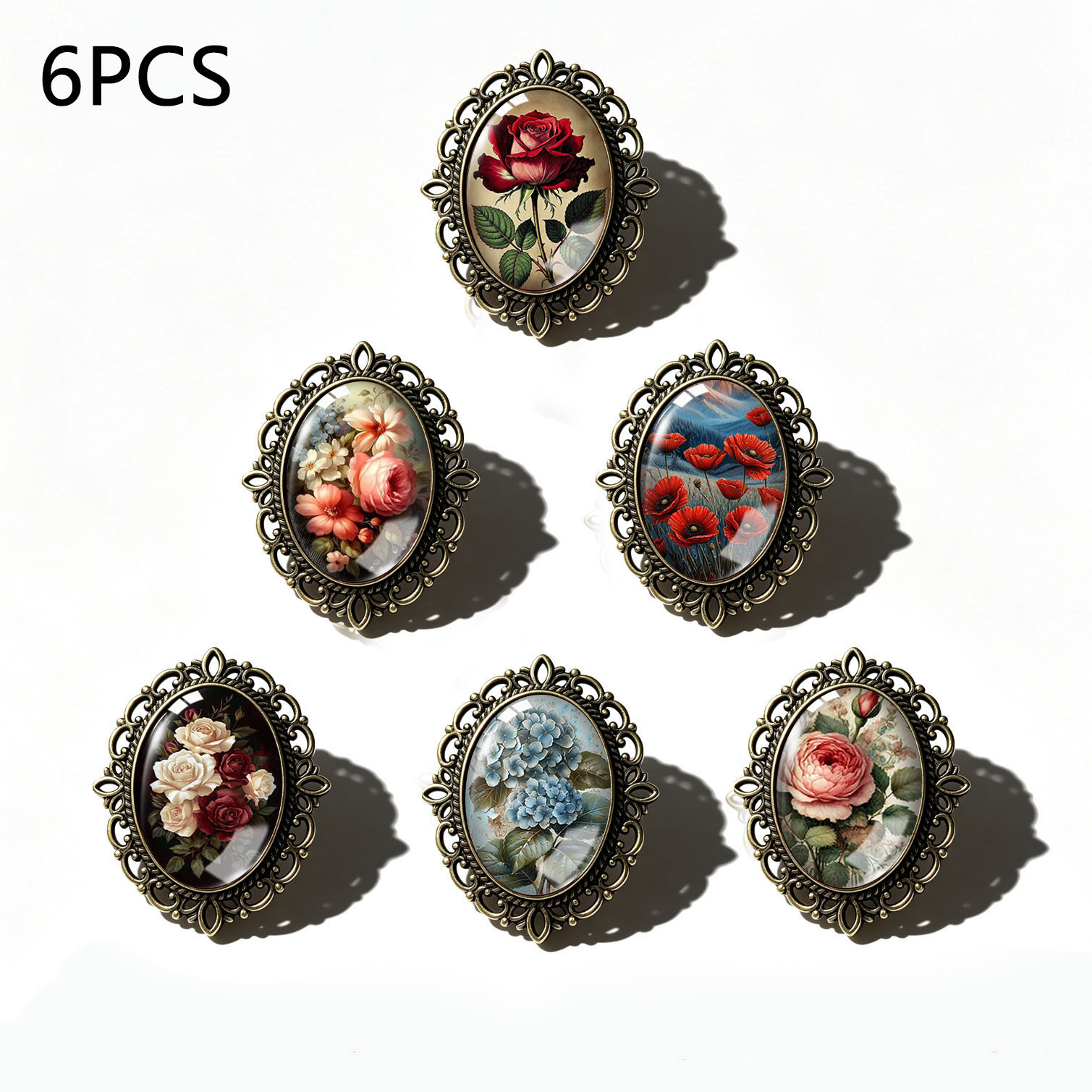 TEMU Ensemble de 6 broches en verre de dentelle ovale, couleur cuivre vieilli et délavé, style vintage européen, avec impression d'illustration