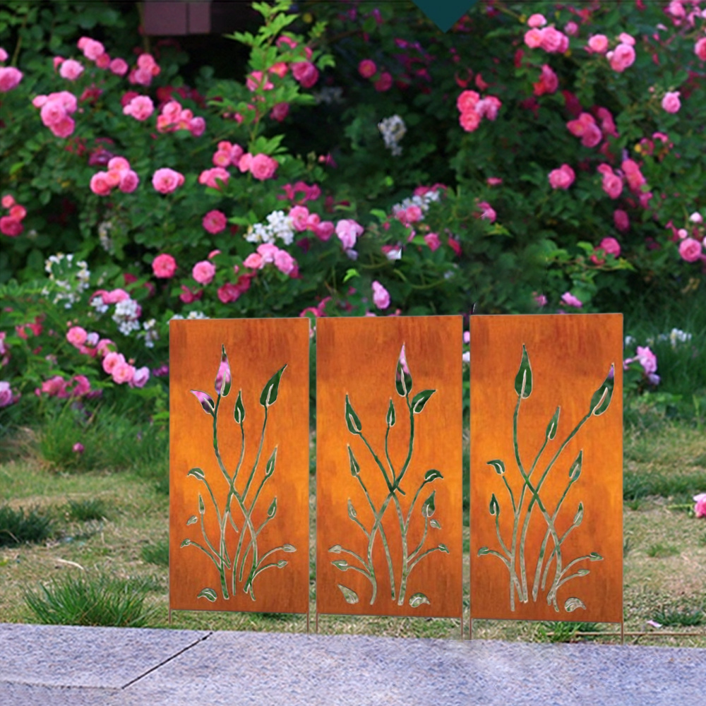 Outdoor Privacy Screen (3pcs Set), Outdoor Metal Wall Decoration, Large Metal Wall Sculpture, Wrought Iron Wall Art, Metal Garden Flowers