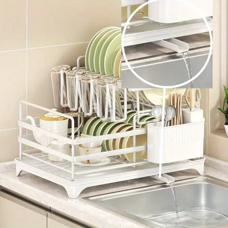 Organizador de escurridor de platos resistente para debajo del fregadero con sistema de drenaje - Caja de almacenamiento de cocina que ahorra espacio, drenaje anti-obstrucción, estantes de varios niveles para platos, tazones, tazas, utensilios - Organizador de gabinete fácil de limpiar para cocinas pequeñas - Negro moderno
