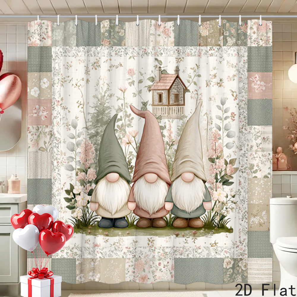 TEMU 2d Flat, 2d Flat, 1pc 2d Flat Gnome Shower Curtains Designed In A Rustic Farmhouse Style, Showcasing Gnomes Against A Floral Backdrop. This