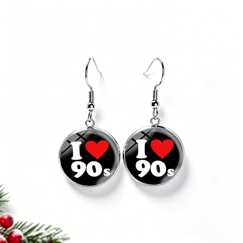 I Love 90s Text Heart Round Glass Cabochon Dangle Earrings
