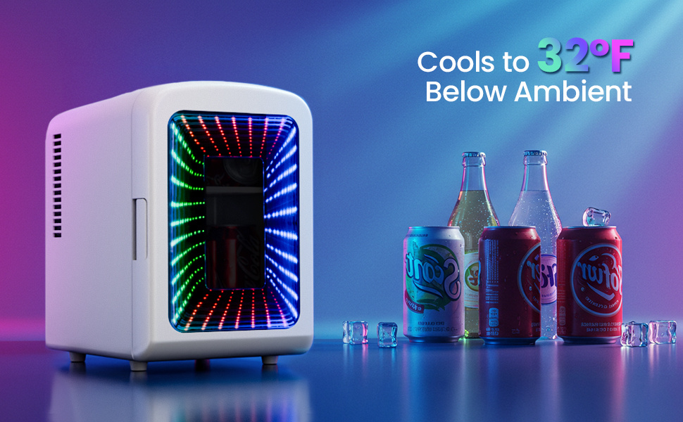 1.06gal/6 Cans Portable Compact Refrigerator with Gaming Lights, AC/DC Power, 39°F Low Temp, Energy-Efficient Compressor, White - for Skincare, Food & Drinks