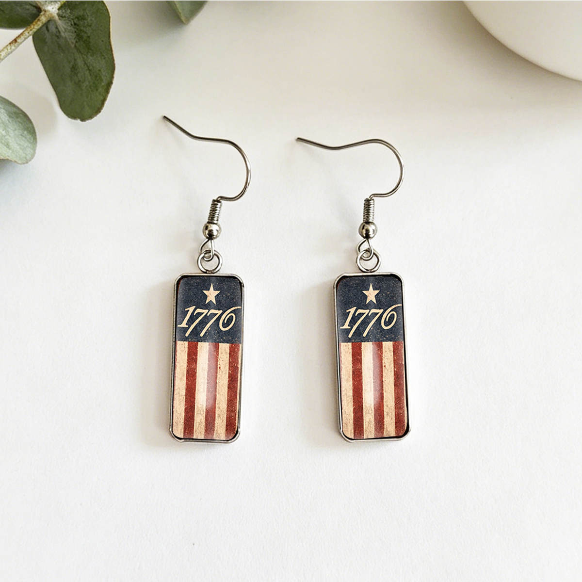 TEMU 1 Pair Day Flag 1776 Dangle Earring Trendy Glass Dome Jewelry Rectangular Earrings Unisex Gift
