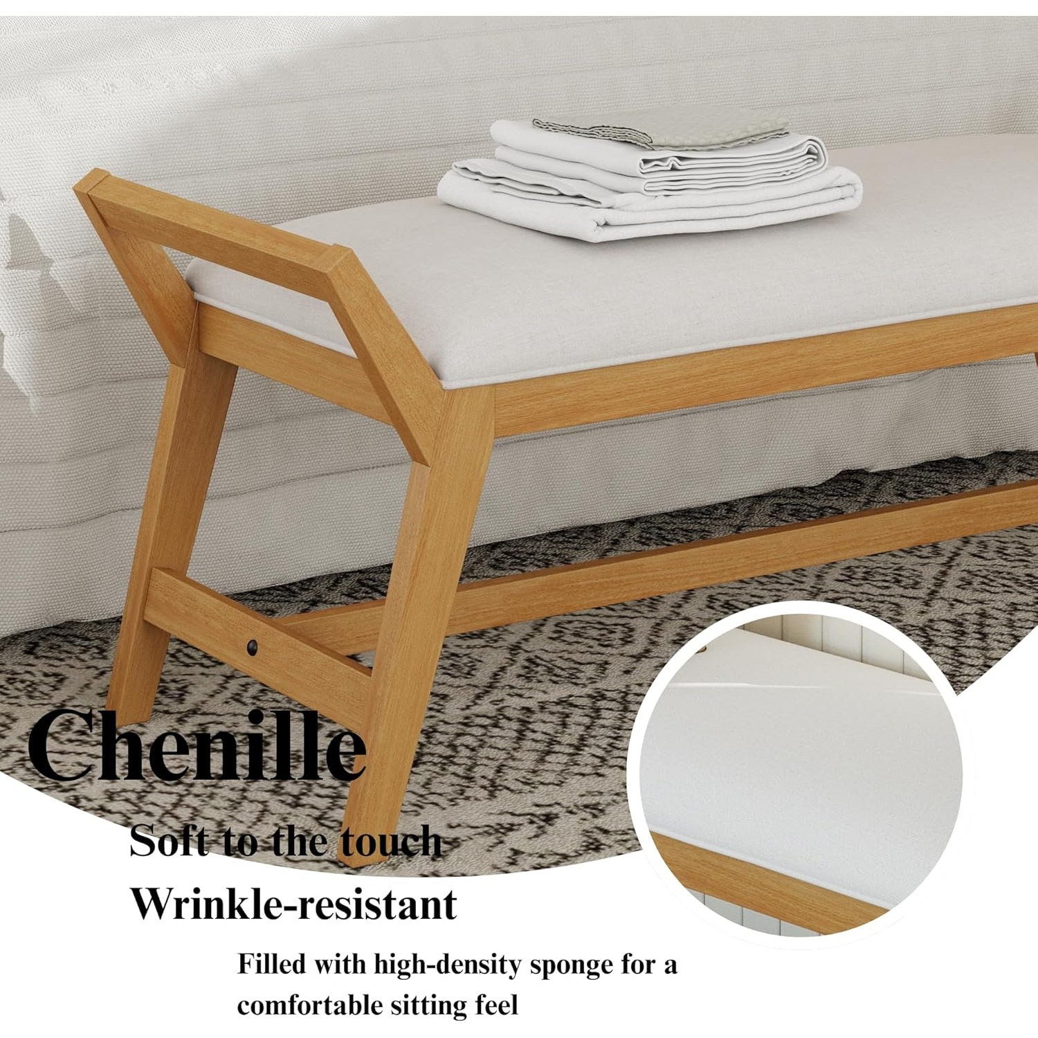1pc 51Inch End of Bed Bench | Solid Wood Frame, Fabric Upholstered Ottoman Bench for Entryway, Bedroom, Hallway, Living Room, Modern Style
