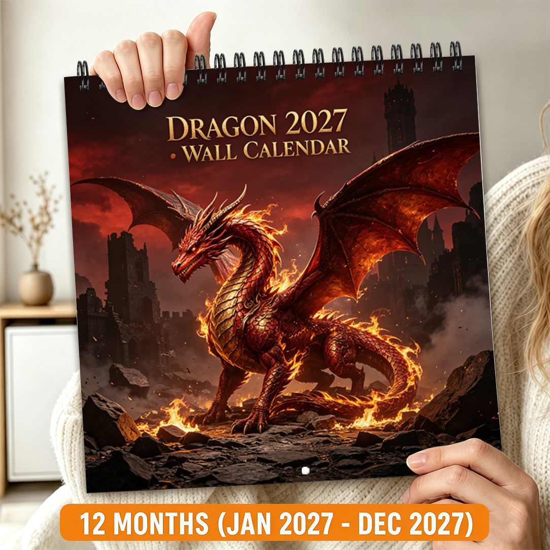 TEMU 2d Flat 1-volume 2027 Wall Calendar, 2027 Wall Calendar, 12 Months Jan-dec 2027 Dragon Themed Hanging Wall Planner, Black Spiral Binding, Large
