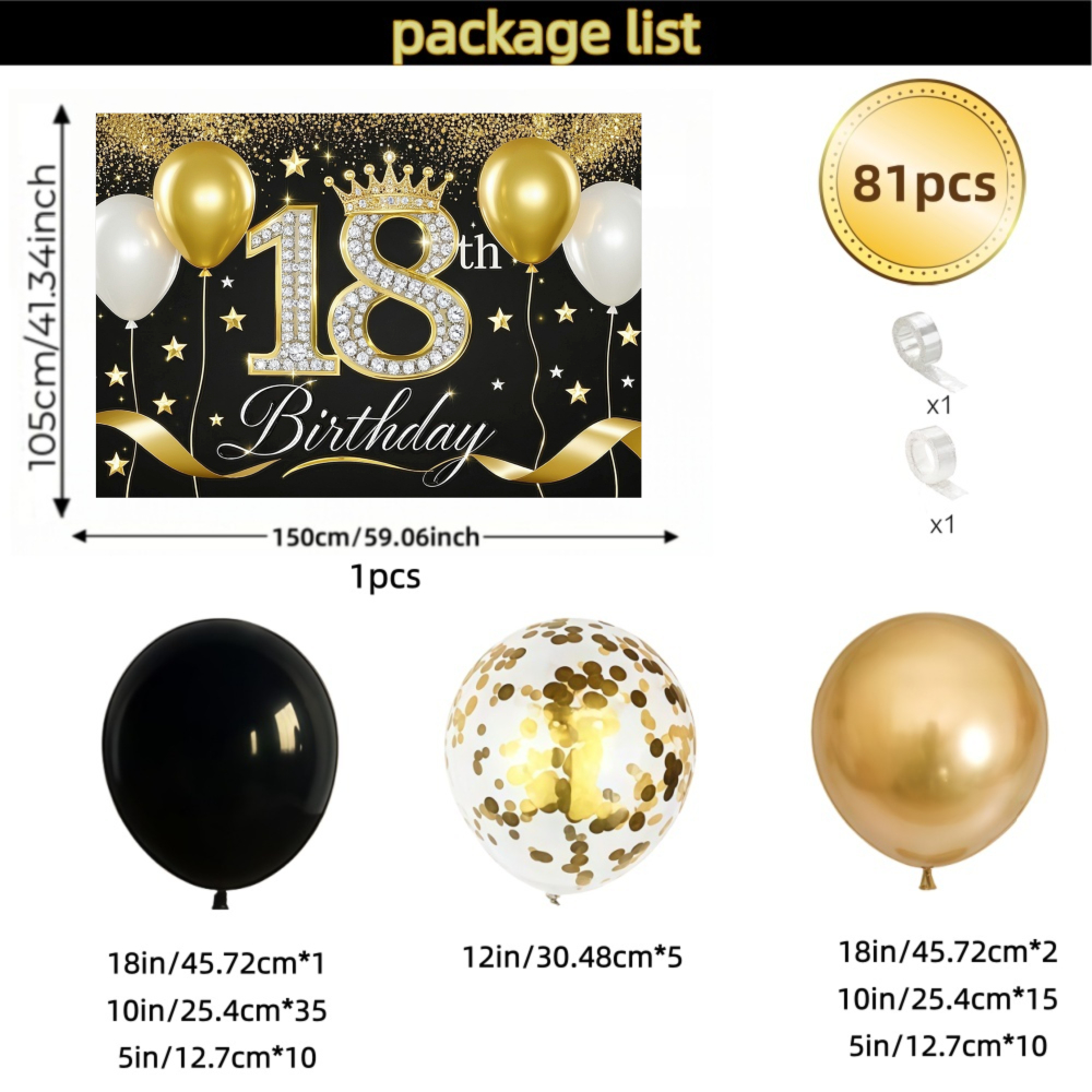 TEMU 81pcs Balloon Arch Decoration 2d Flat 18th Birthday Party Decor For Teenagers Age 18 Golden And Garland With Mixed Color Balloons Large Size