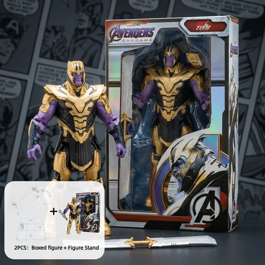 TEMU 2pcs (thanos Collectible Figure And Figure Stand), Armor Purple Villain Character Collectible Model, Blade Shaped Original Box Display,
