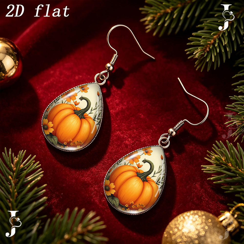 2D Flat Teardrop Dangle Earrings with Autumn Pumpkin Pattern