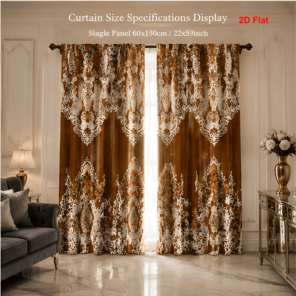 TEMU 2d Flat, 2pcs Thermal Insulated Sun Blocking Window Curtains With Soft Breathable Fabric Elegant Neutral Brown And Cream Lace Look Easy To Decor
