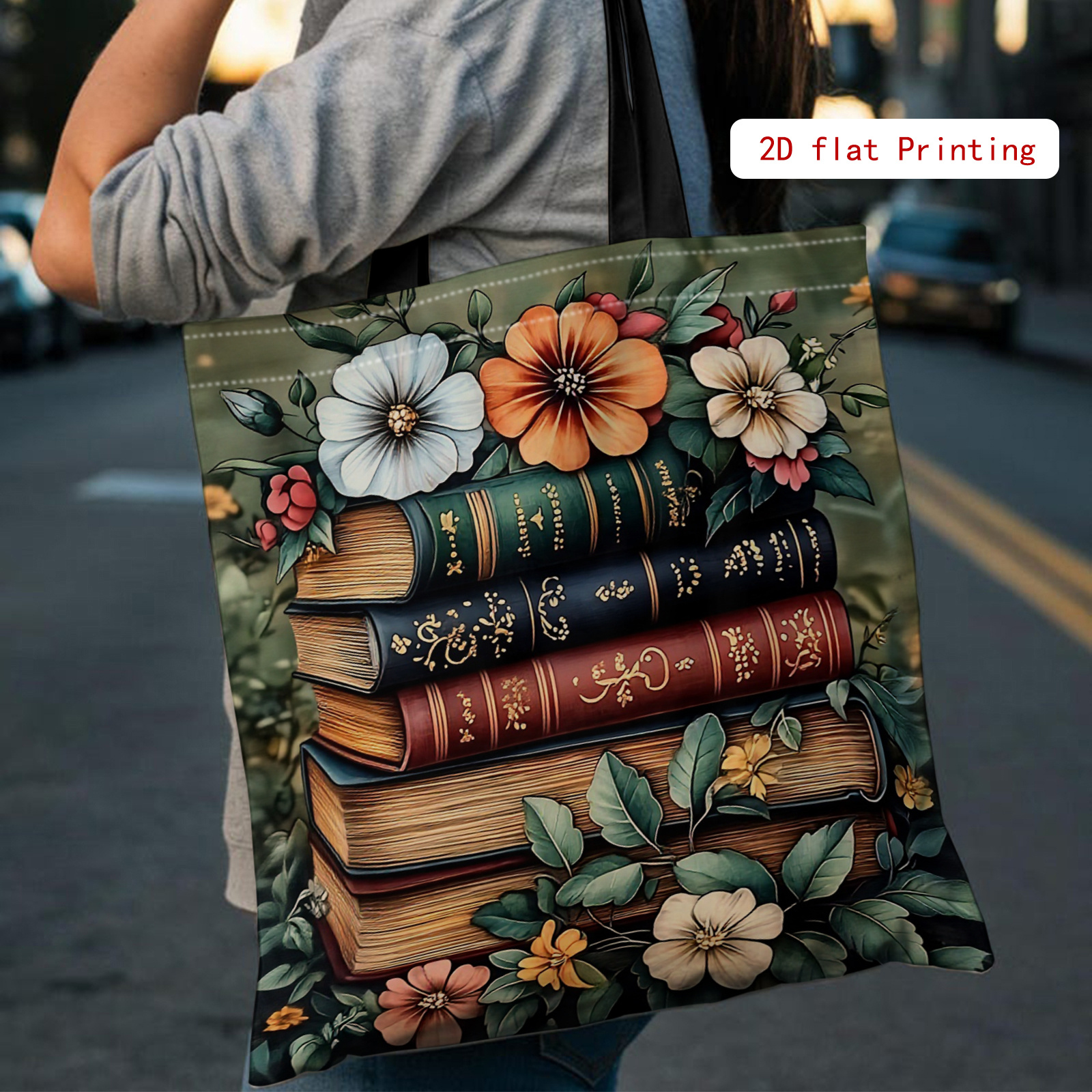 TEMU Women's Handbags, Books And Floral Patterns, Large Capacity Shoulder Bag, Printed Handbag, Women's Tote Bag, Reusable, Suitable For Travel,