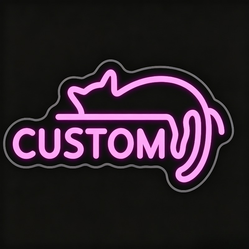 Custom Pink LED Neon Sign, Lazy Cat-Shaped, USB Powered