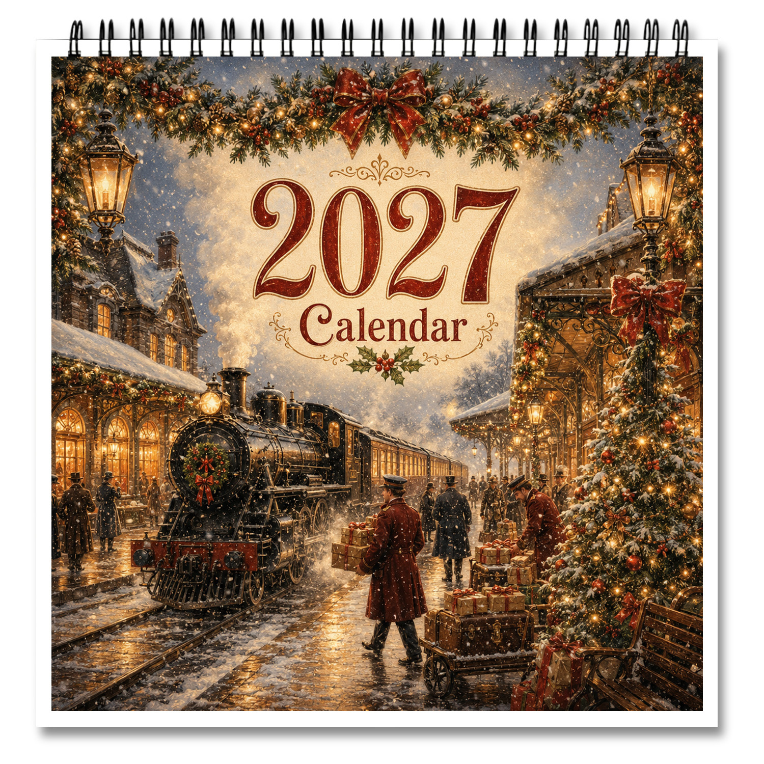 TEMU 1set 2027 Spiral Bound Wall Calendar Planner - Vintage Christmas & Steam Train Suitable For Home Office Classroom Decor, Hanging Hanging Planner