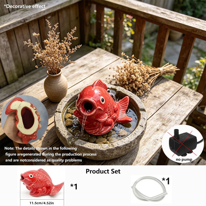 Image of Chinese Style Red Koi Ceramic Water Ornament With Hose, Symbolizing Good Luck. Non-electric, Ideal For Indoor And Outdoor Fish Tanks, Desktop Fountains, And /office Decor