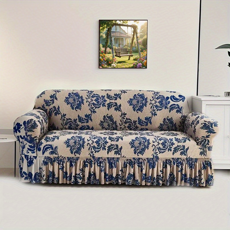 TEMU 1pc Dark Slippery Fibre Print Skirt Cover, Which Used In All , And The High-stretch Fabric Fits Around The Sofa. With A Non-slip Fixed Rod, Stable And Non-shifting, Beautiful And Practical.