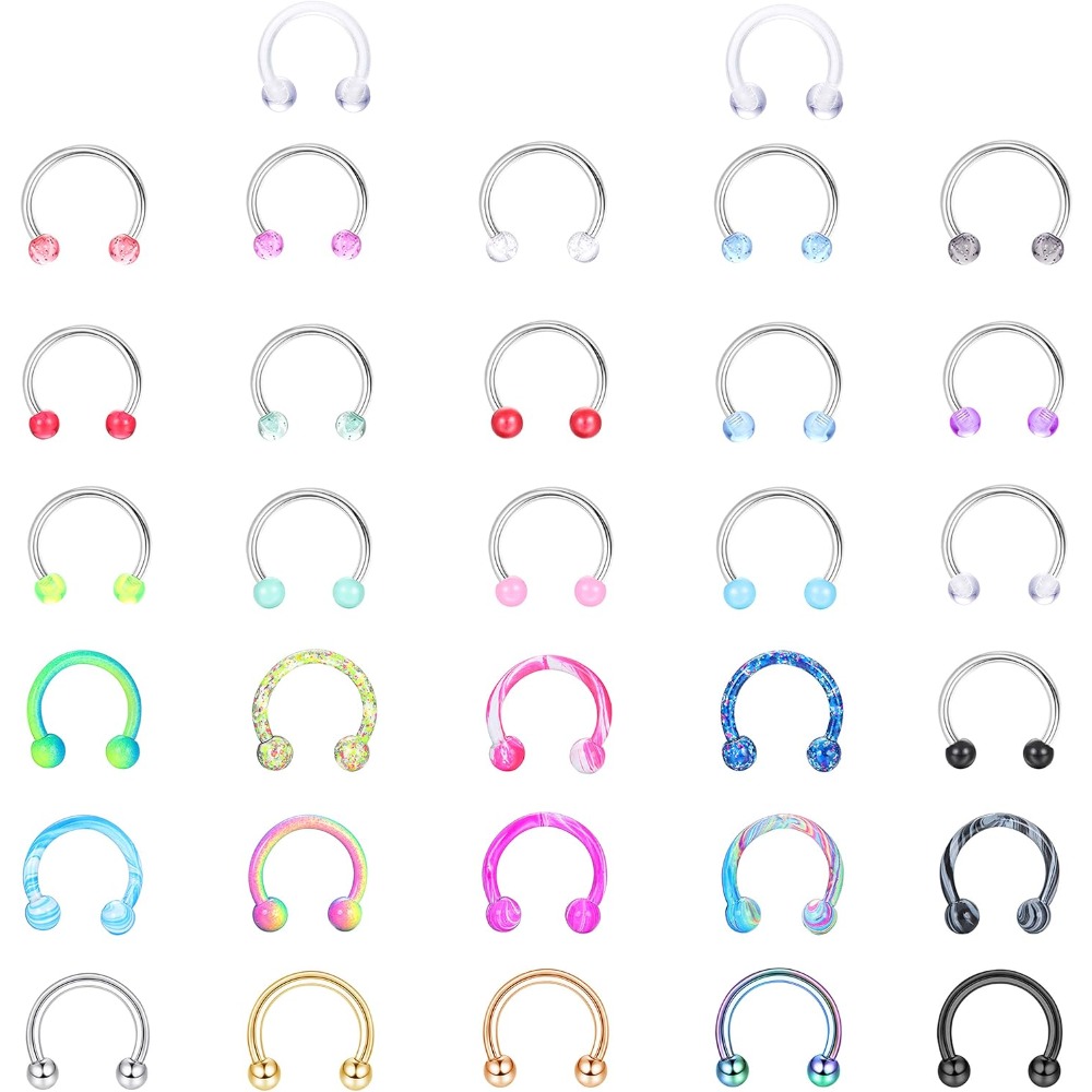 32pcs Stainless Steel Horseshoe Nose Septum Rings Lip Piercing Cartilage Helix Tragus Earring Nose Ring Hoop Septum Piercing Jewelry Unisex Bulk Pack