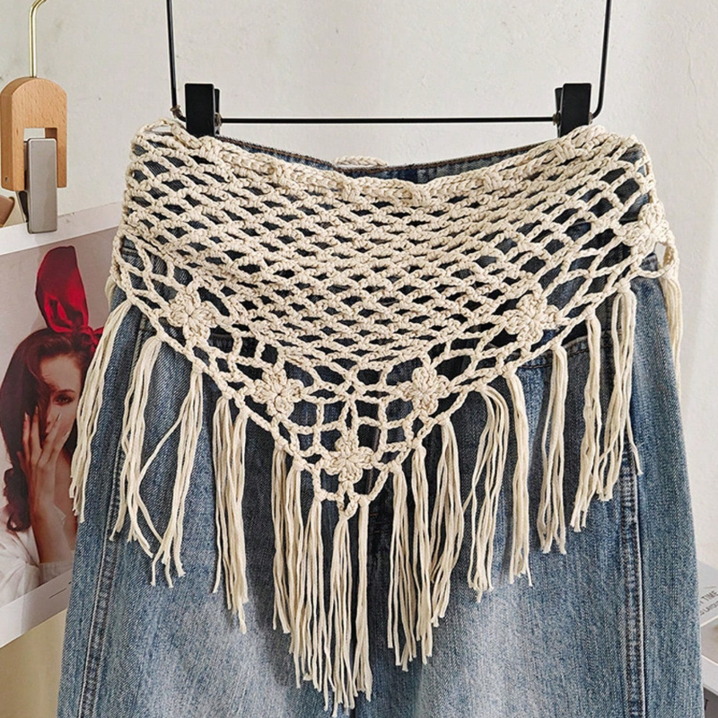 TEMU Bufanda de ganchillo hueca estilo bohemio con borlas, cinturón decorativo de capas multifuncional para mujer