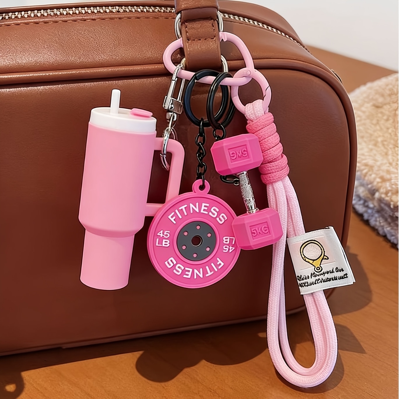 TEMU Fitness Equipment Keychain Set, Including Braided Rope, Barbell, Dumbbell, Water Bottle, Gym Bag, And Backpack Accessories, A Gift For Fitness