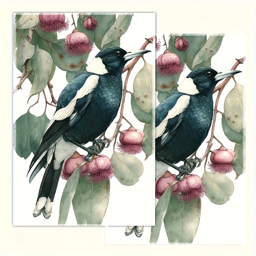 TEMU 2pcs Australian Parrot & Eucalyptus Petal Kitchen Towels - Vintage Watercolor Colorful Budgie (sparrow) Dishcloths, Large 16x24 Inch Durable