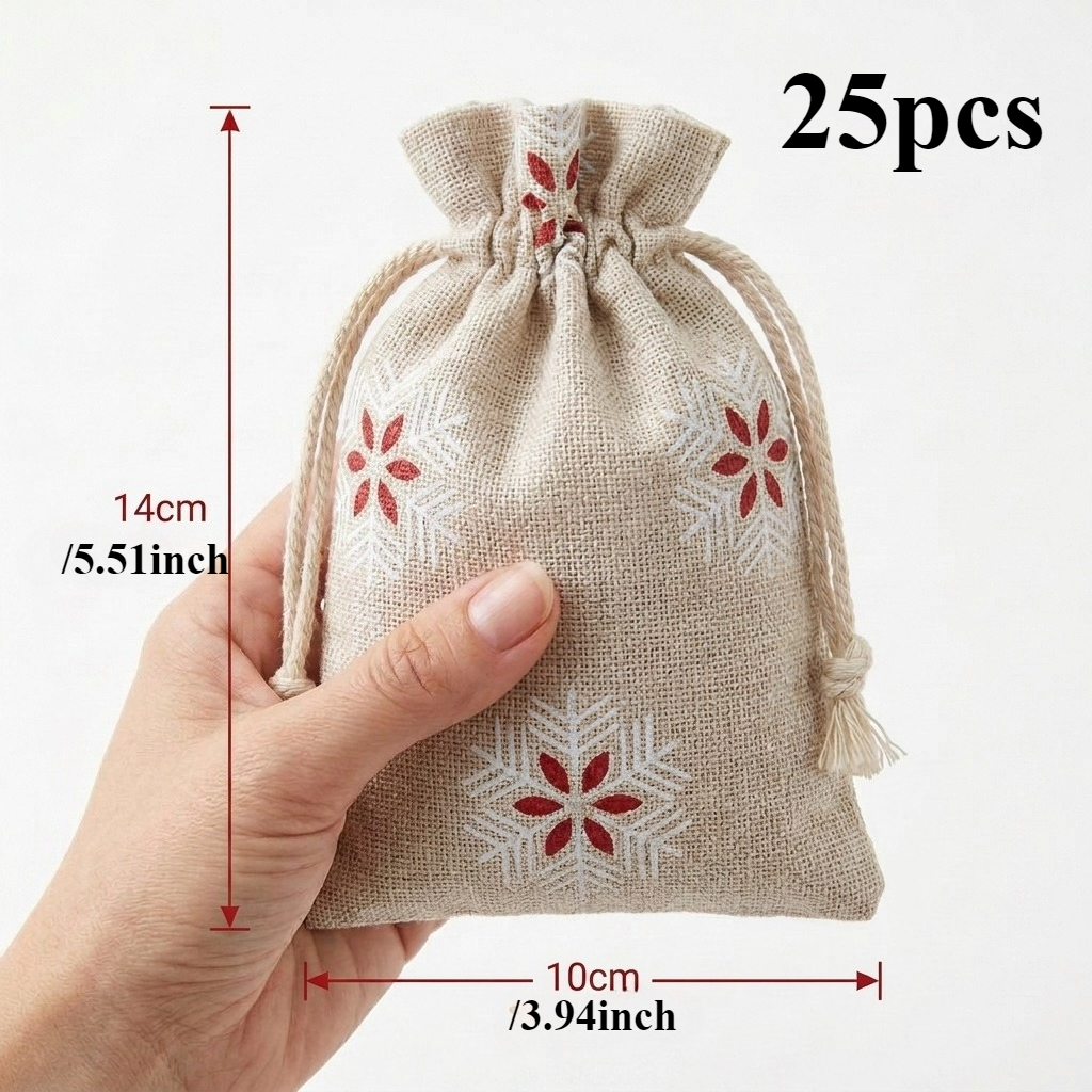 TEMU Lot de 25 sacs cadeaux de Noël en toile de jute à cordon de serrage, imprimées de neige, sacs de rangement pour bonbons et bijoux de Noël pour