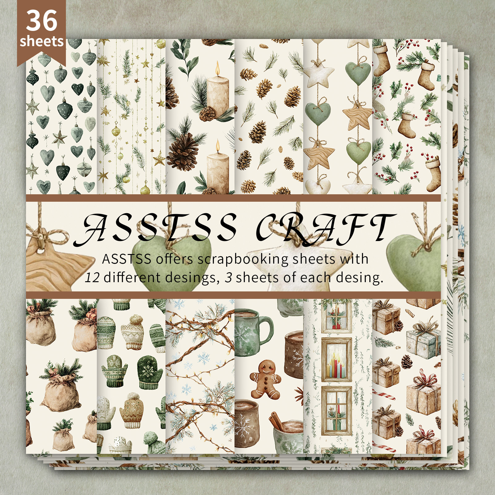 TEMU Bloc de papier de scrapbooking ASSTSS de 36 feuilles, papier de base vintage aquarelle pour Noël, papier cartonné épais adapté au journaling, à