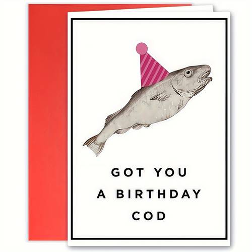 1 funny birthday card with envelope a birthday pun design humorous for and colleagues hat illustration with red envelope for easy celebration fish pattern simple monochrome style