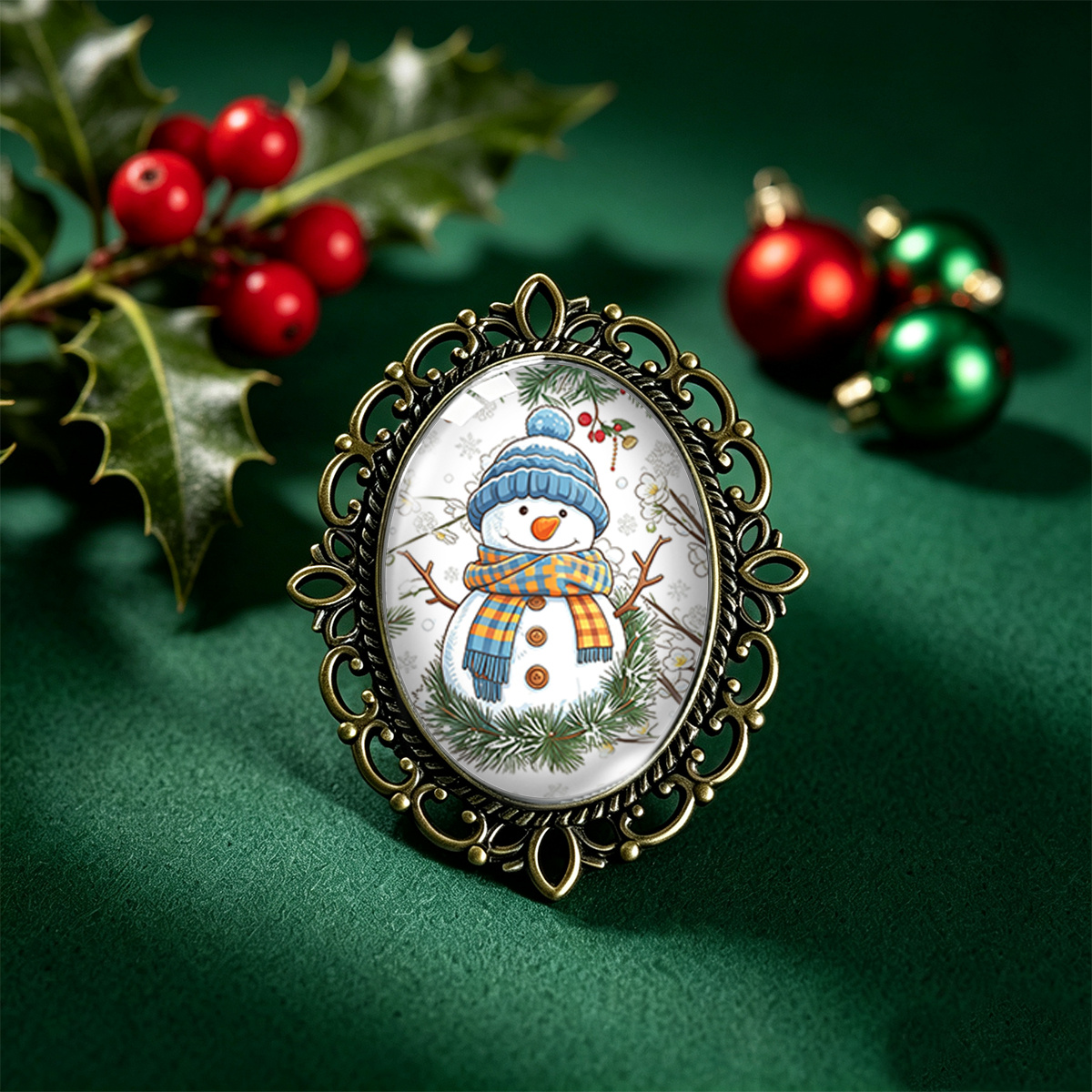 TEMU 1 pièce Broche en verre ovale avec dentelle et motif de neige à chapeau bleu frais et , écharpe à carreaux, ambiance hivernale chaleureuse,