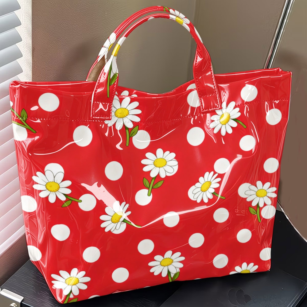 1pc Polka Dot Fruit & Floral Print Tote Bag, Large Capacity Clear Handbag, Red Base Blueberry/ Strawberry/ Lemon/ Daisy Design Beach Bag, Fresh Casual Shoulder Bag