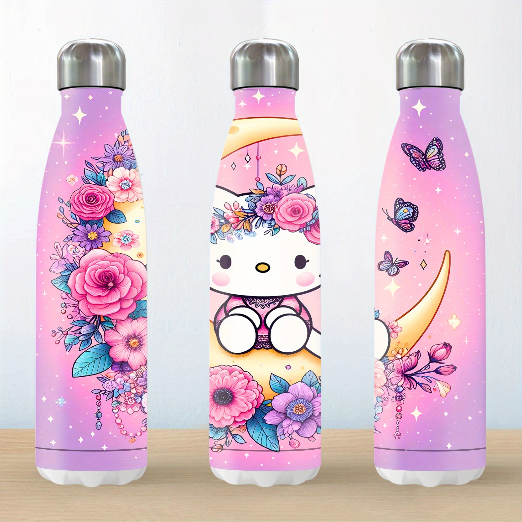 

1pc 18oz Bouteille d'eau isotherme en acier inoxydable avec motif Hello Kitty, fond étoilé unique, non PVC, anti-fuite, ronde, marque Sanrio, pour Noël, Thanksgiving, la Saint-Valentin, des mères