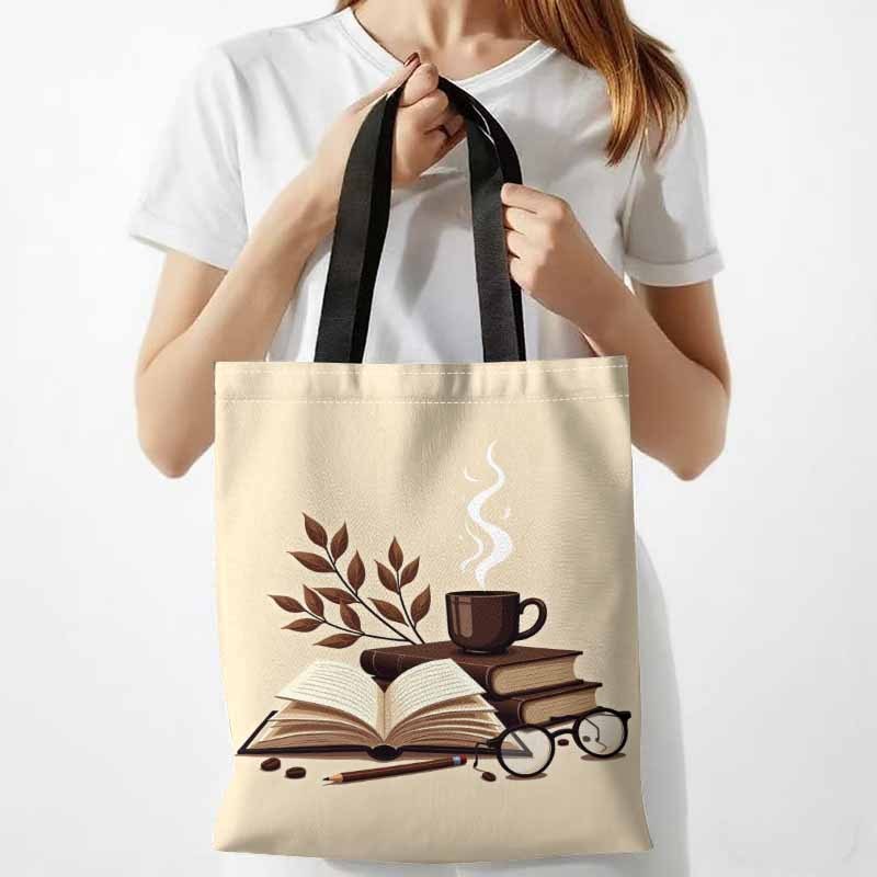 TEMU 1 шт. Двостороння сумка з принтом "Bookish with Coffee, Literary a Shopping Bag" (Книжковий кофе, Літературний час у сумці для покупок), міцний