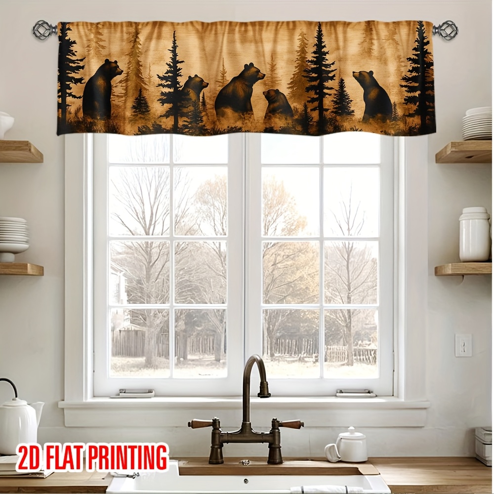TEMU 2d Flat, 2d Printed 54x17.7in/137x45cm, 1 Panel Forest Bear Silhouette Curtain - Black Bear & Pine Tree Print Semi-sheer Window Valance, - Rod ,