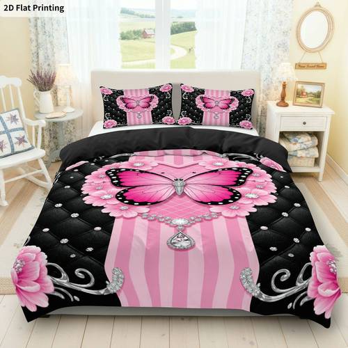 photo de l'article parure de lit 3 pièces avec impression 2d à plat, 1 housse de couette + 2 taies ( rembourrage), thème floral papillon rose, de printemps, convient pour la décoration de chambre moderne, plat 2d
